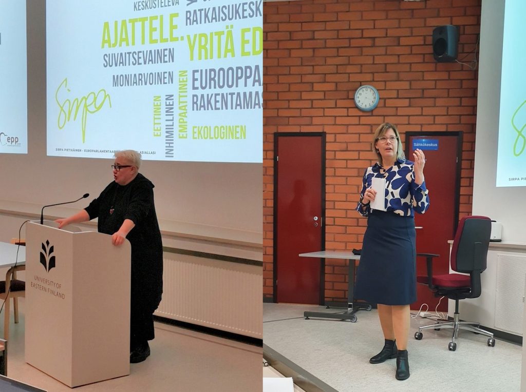 Two women in a lecture hall. One picture of Sirpa Pietikäinen speaking and one picture of Anna-Liisa Levonen speaking.