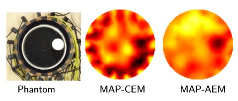 Simplified example of EIT imaging through poorly conducting (skull) layer. Middle: Reconstruction using conventional approach. Right: Reconstruction where the uncertainty related to the shielding layer has been marginalized using the approximation error approach. 