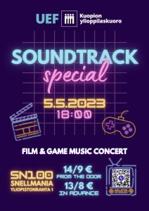 UEF Kuopion ylioppilaskuoron kevätkonsertti "Soundtrack Special" 5.5.2023 klo 18 Snellmanian SN100 –salissa. Liput ennakkoon kide.appista (13€/8€) ja ovelta (14€/9€).