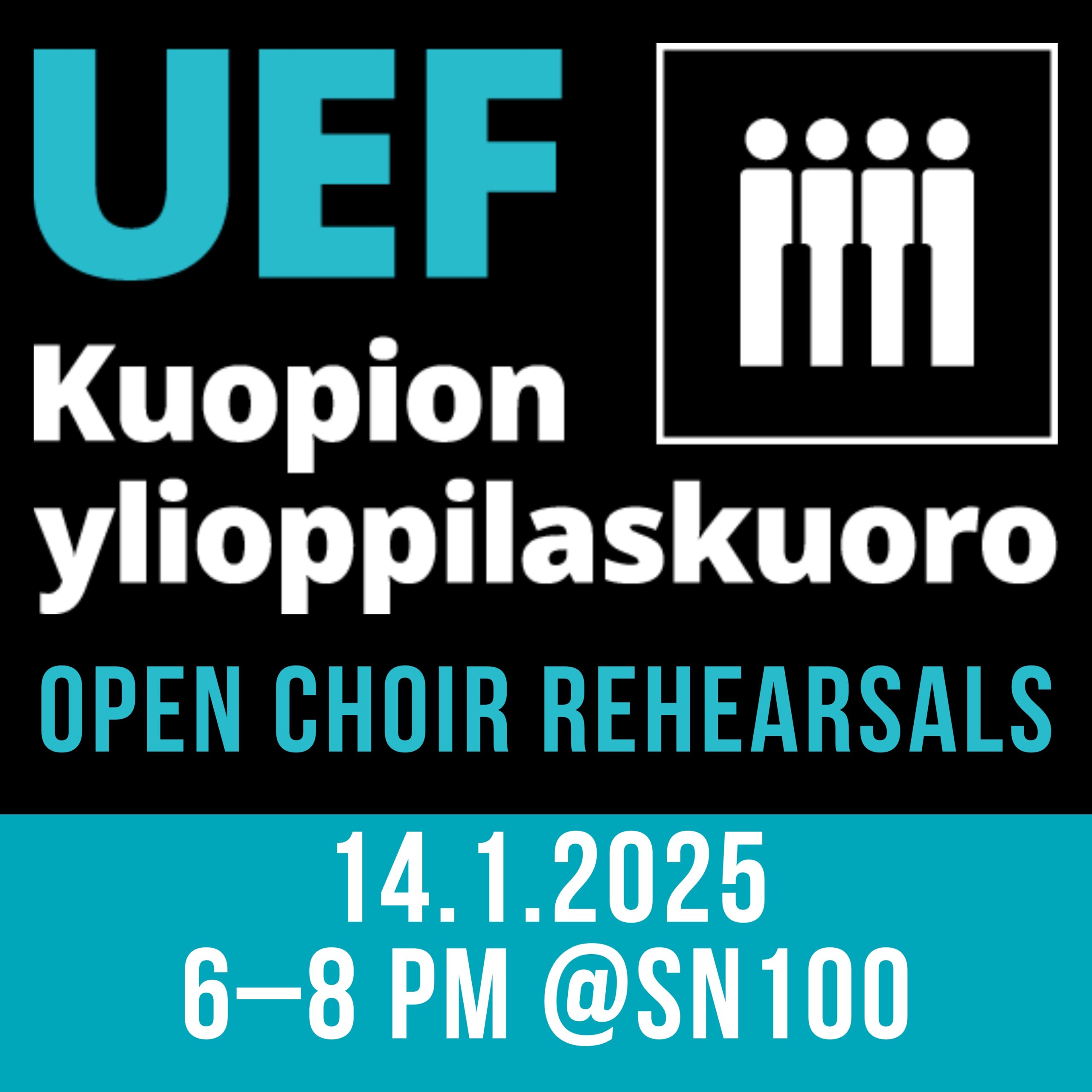 Text in picture: UEF Kuopion ylioppilaskuoro – Open choir rehearsals 14.1.2025 from 6 to 8 PM at SN100-lecture hall.