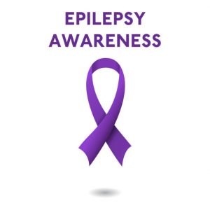 Purple ribbon and text of epilepsy awareness