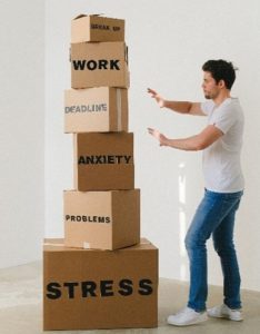 Man holding up a pile of  boxes that have words like "stress" and "work" on them