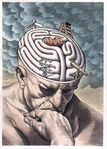 The gyri of the thinker's brain as a maze of choices in biomedical ethics. Scraperboard drawing by Bill Sanderson, 1997. Wellcome Collection. Attribution 4.0 International (CC BY 4.0). Source: Wellcome Collection. https://wellcomecollection.org/works/qv442v4n 