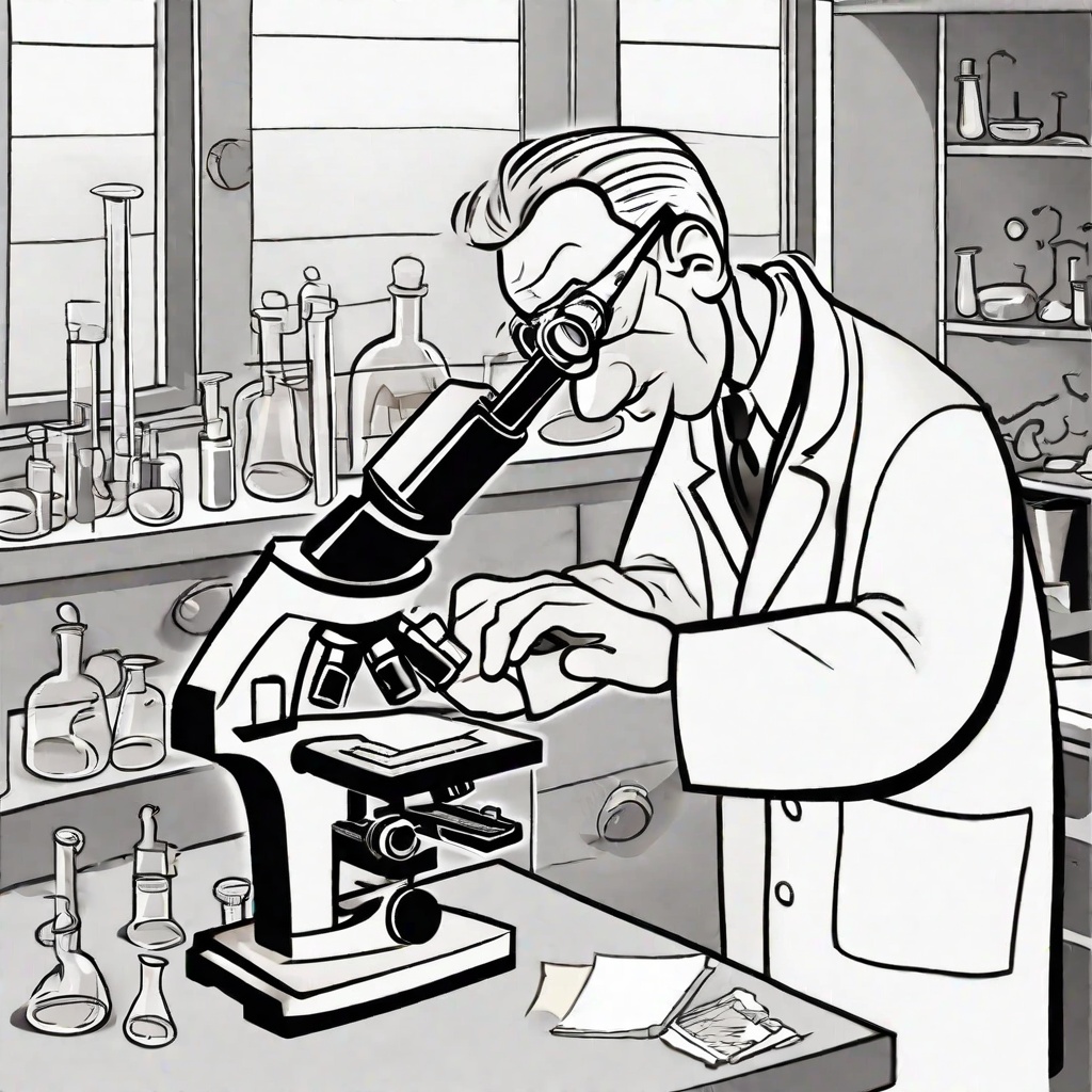 Drawing of a scientist looking into a microscope