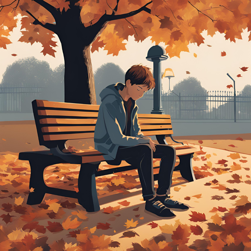 Decorative image of a sad-looking boy sitting on a bench in the autumn