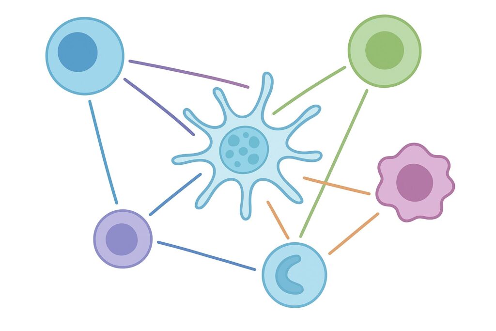 Simplified illustration of the immune system as a network of cells “conversing” with each other (created by artificial intelligence)
