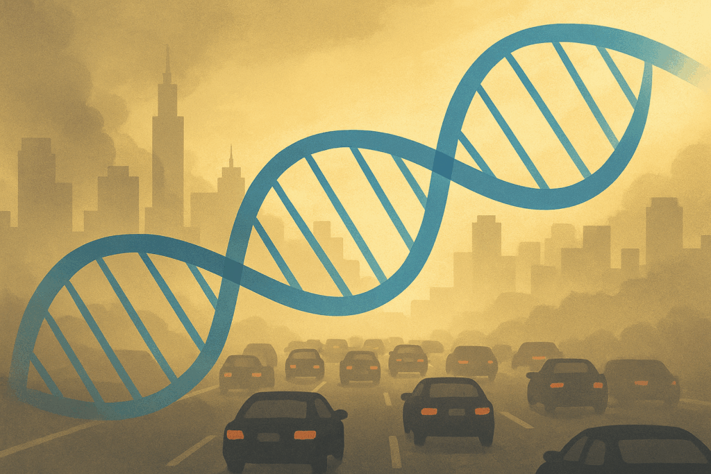 City scene with traffic and car exhaust overlayed with DNA strands manifesting the idea of hidden genetic and immune system changes with air pollution (created by artificial intelligence) 