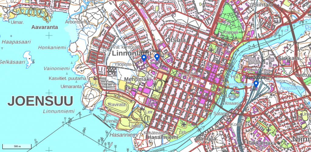 Karttapaikka -palvelulla tehty Joensuun keskustan kartta, jossa merkittynä rautatieasema, Metria ja Agora.
