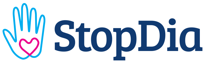 StopDia-logo: sininen käsi, kämmenessä punainen sydän.