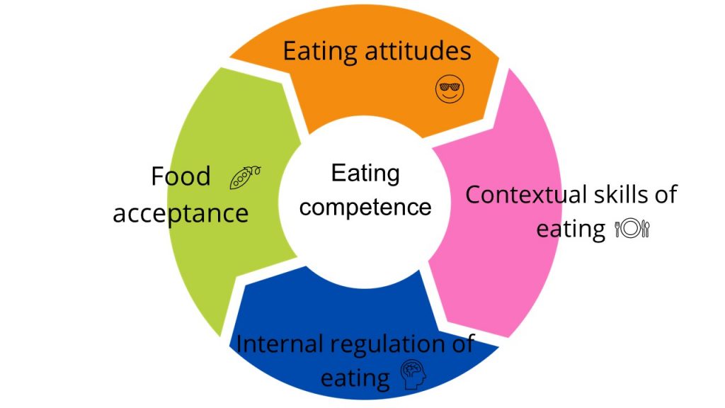 Syömisen taidon neljä osa-aluetta: syömiseen liittyvät asenteet, syömistilanteiden hallinta, ruoan hyväksyntä ja syömisen sisäinen säätely.