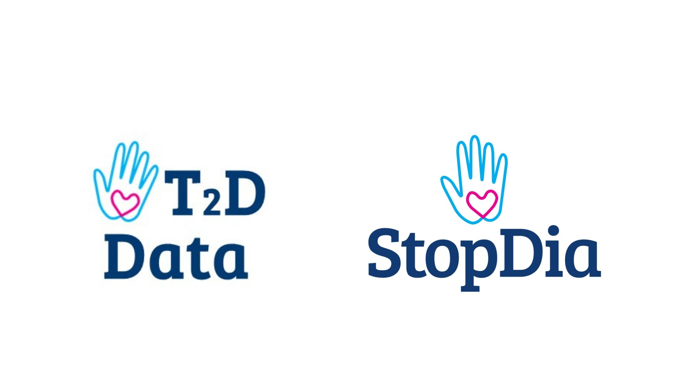 T2D-Data- ja StopDia-hankkeiden logot vierekkäin. Molemmissa logoissa sininen käsi, jossa punainen sydän. 