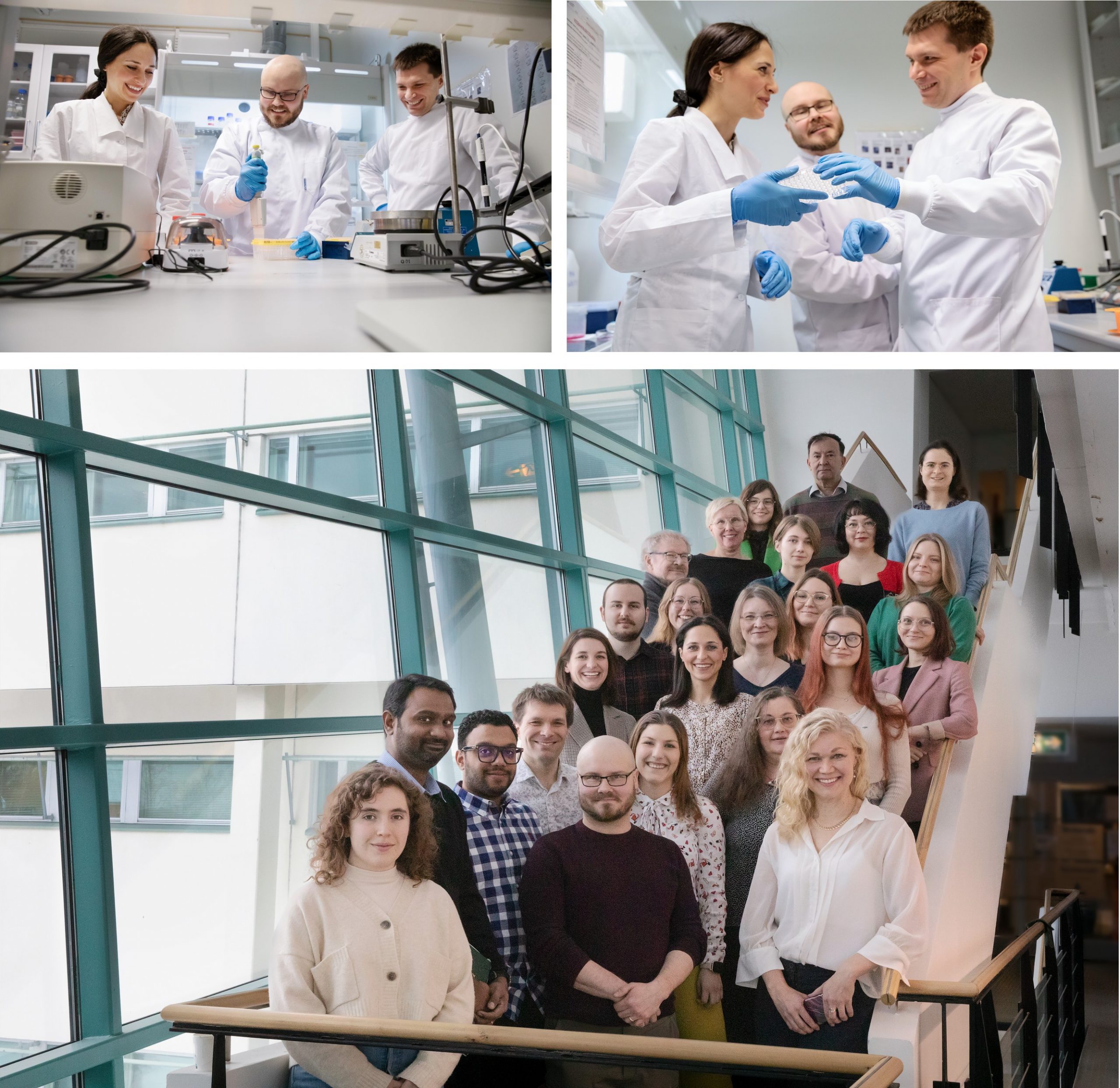 Two photos of three lab member working in our lab and a group photo of all current lab members in 2023