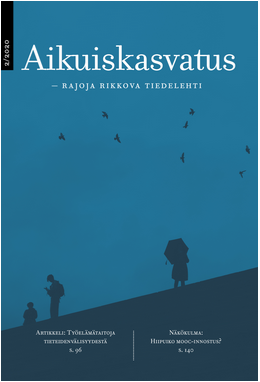 Aikuiskasvatuksen kansi on sinisävyinen. Siluettina näkyy ihmishahmoja, yksi sateenvarjon kanssa, ja lintuja