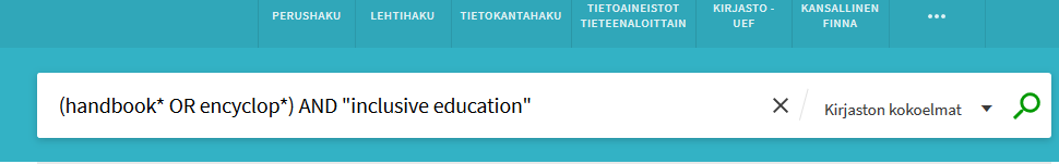 Kuvakaappaus UEF-Primosta. Käsikirjoja haetaan haulla (handbook* OR encyclop*) AND "inclusive education".