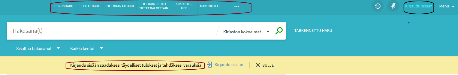 Kuvakaappaus UEF-Primon aloitussivusta. Ympyröitynä on kirjautumislinkki oikeassa yläkulmassa, hakutyypit ja linkit hakulaatikon yläpuolella sekä huomautus: kirjaudu sisään saadaksesi täydelliset tulokset ja tehdäksesi varauksia.