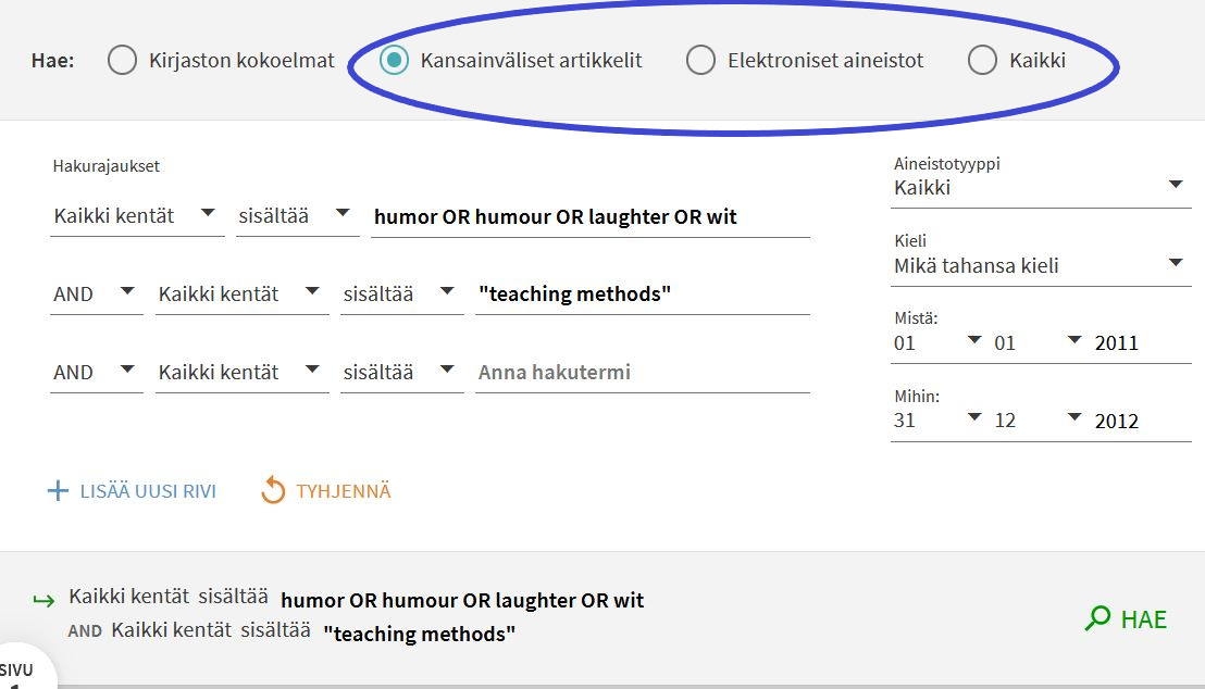 Kuvakaappaus UEF-Primon kansainvälisten artikkelien hausta tarkennetussa haussa. Ylävalikosta on valittava joko Kansainväliset artikkelit, elektroniset aineistot tai Kaikki.