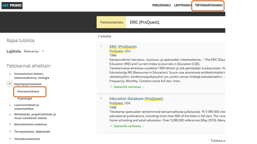Kuvakaappaus UEF-Primosta: tietokantahaku
