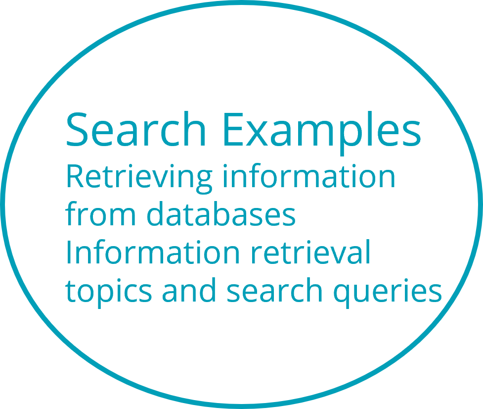 Search examples section, Retrieving information from databases, Information retrieval topics and search queries.