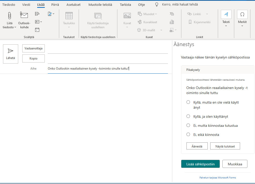 Kuva, jossa on Outlook-ohjelman Pikakysely-toiminnon kyselyruutu, johon tehdään kysymykset ja vastausvaihtoehdot.