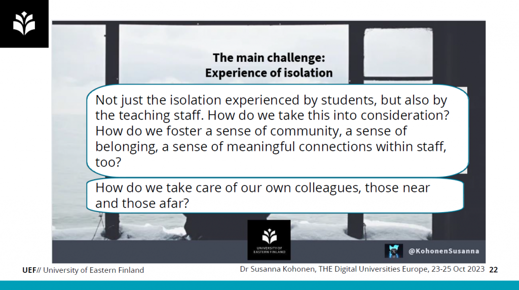 A screenshot of a PP slide. The main challenge: Experience of isolation. How do we take care of our own colleagues?