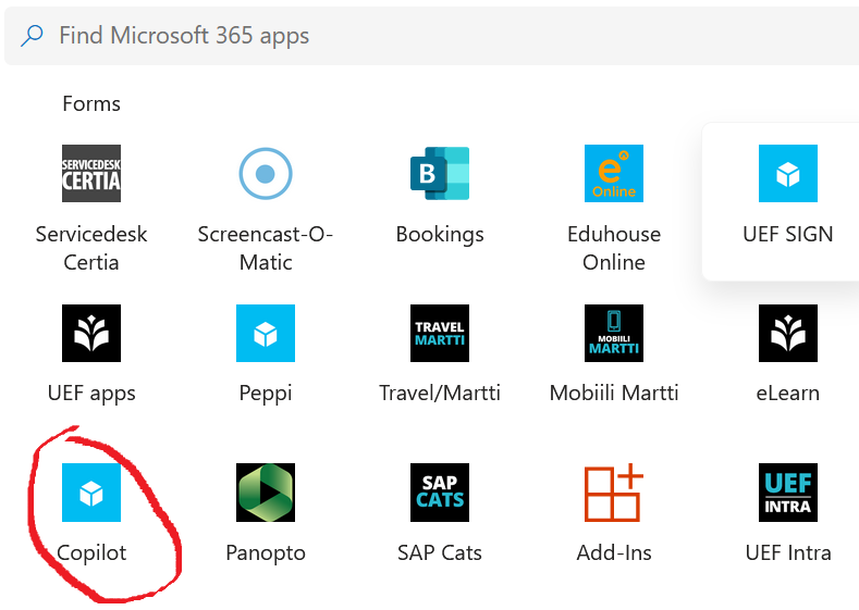 Kuvakaappaus vohvelivalikon sovellusvalikoimasta. Copilotin kuvake ympyröity punaisella.